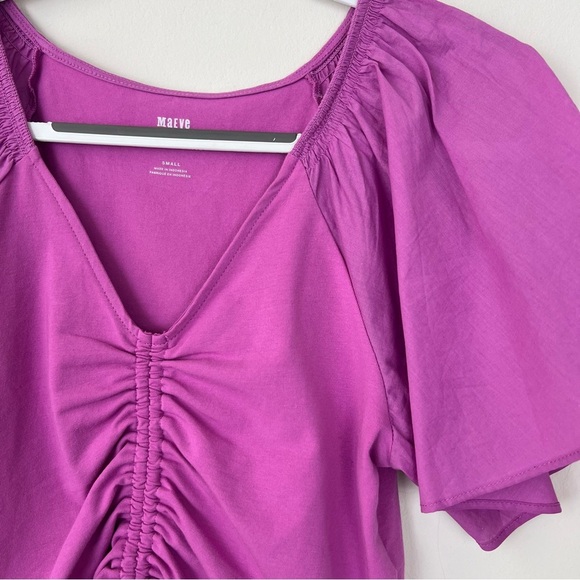 NWT Anthropologie Maeve Flutter Sleeve Ruched Crop Top Magenta - Picture 4 of 9